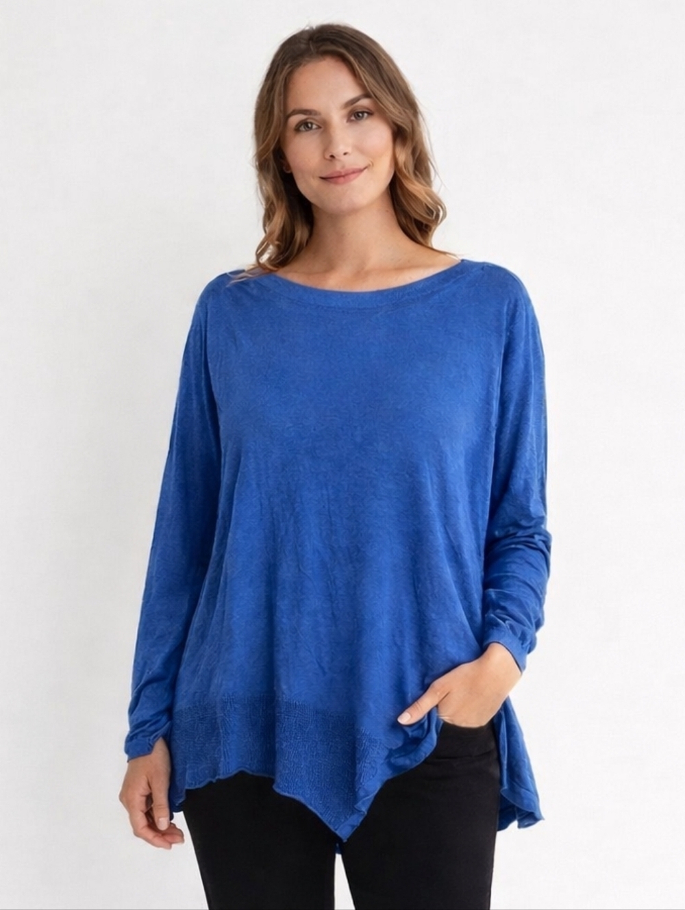 Poetry Blue Sweater Silk Cashmere Hankerchief Long Sleeves Women's 14